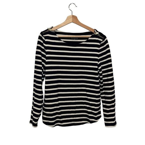 Talbots Womens Black & White Striped Long Sleeve Top With Shoulder Zipper Detail - Picture 1 of 9